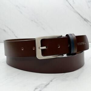Peter England Mens Brown Genuine Leather Belt Silver Buckle XL ✨